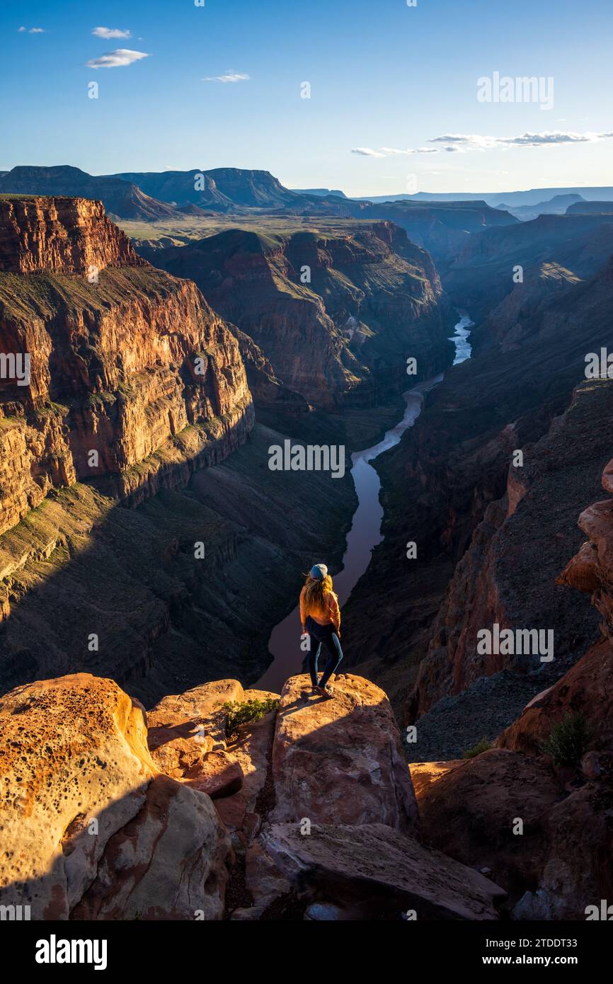 Woman Looking out over the Grand Canyon from Toroweap Stock Photo