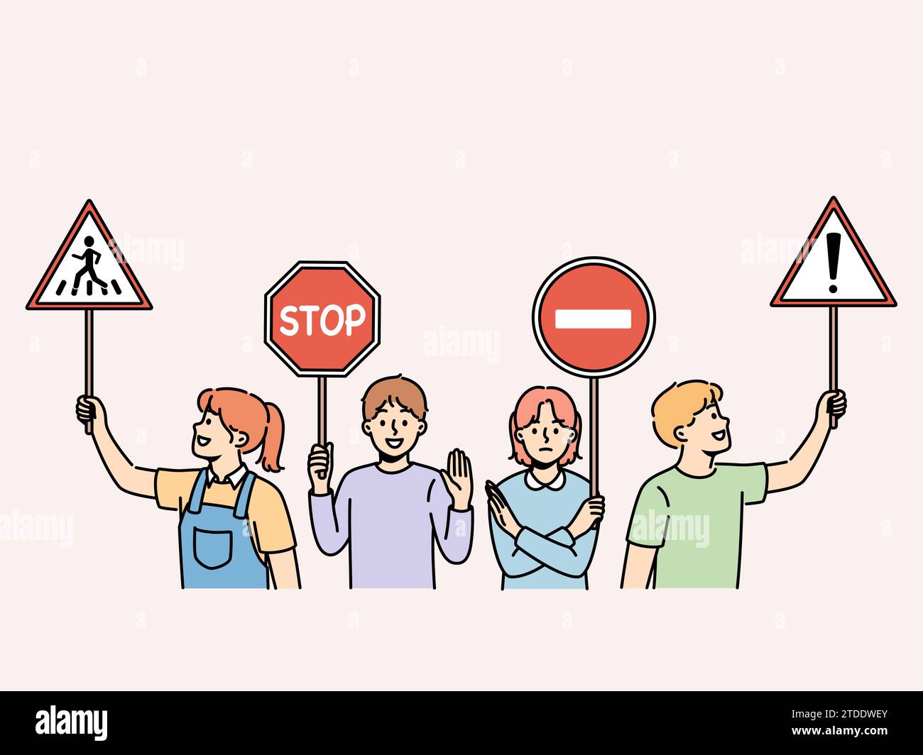 Young children hold traffic signs urging peers to follow safety rules