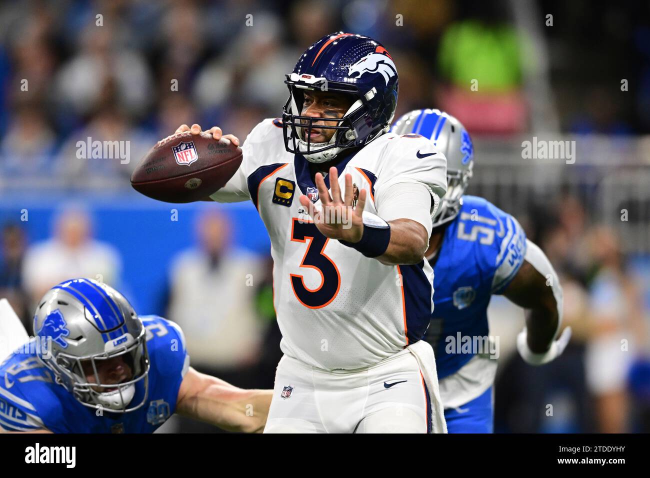 Denver Broncos quarterback Russell Wilson (3) is pressured during the ...