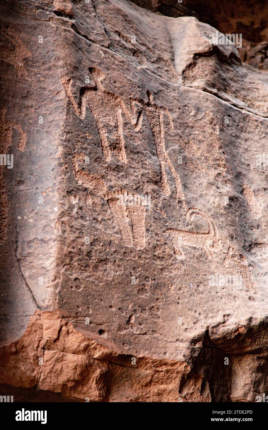 Ancient rock carvings found in canyon of Wadi Rum, Jordan Stock Photo