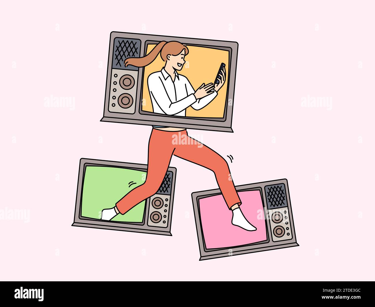 Woman with televisions holds phone showing love for watching online videos in mobile applications. Girl runs with televisions on body and dreams becoming star and participating in filming of TV show. Stock Vector