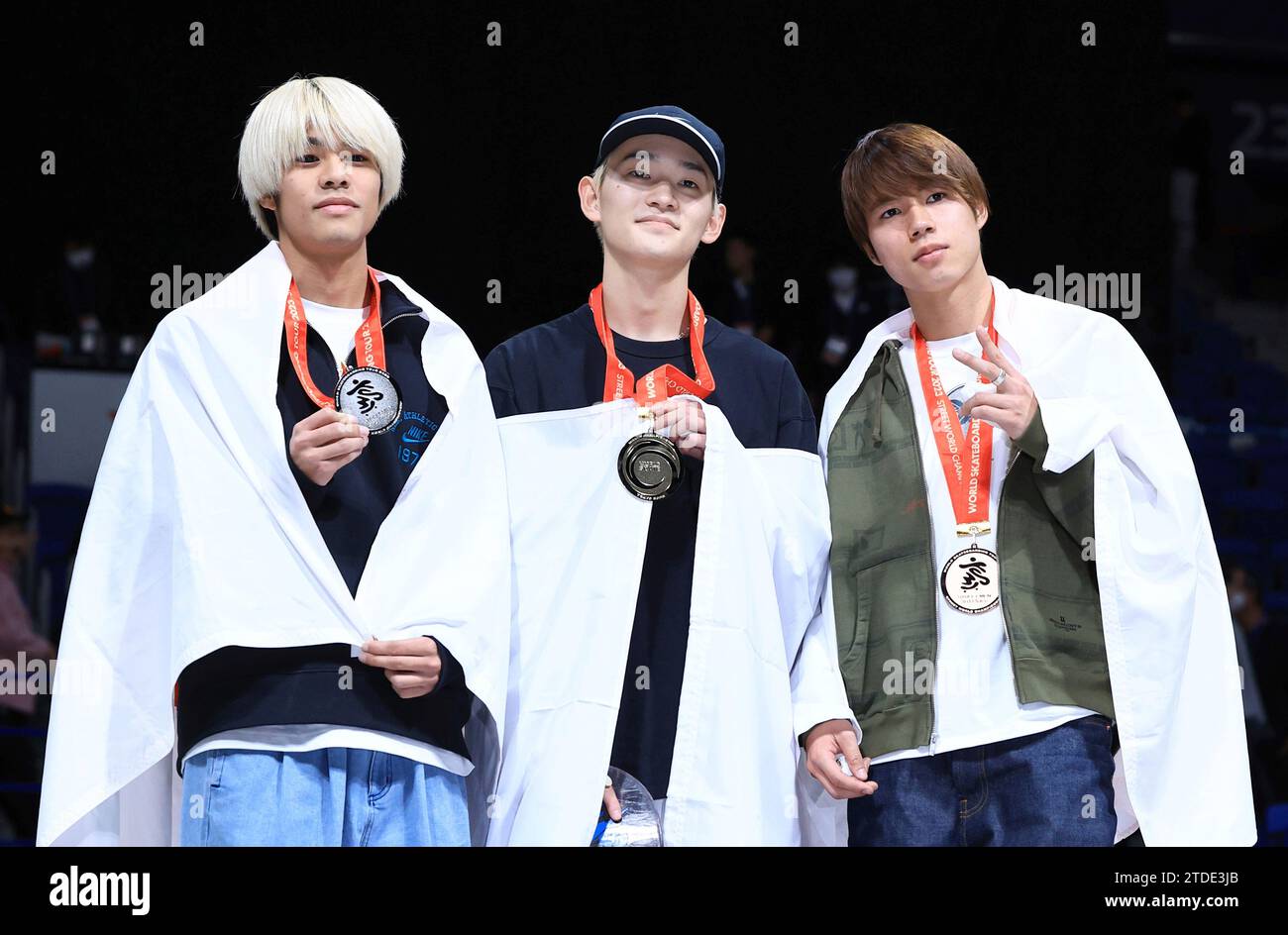 L-R) Kairi Netsuke, Sora Shirai and Yuto Horigome of Japan