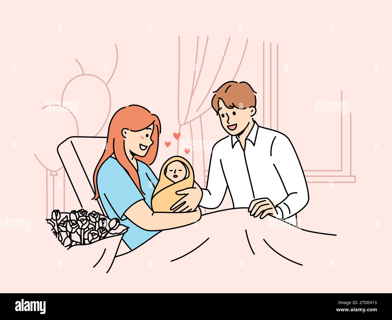 Mother with newborn baby sits on couch in hospital and shows infant to happy father. Smiling married couple have become parents for first time admire sleeping newborn wrapped in blanket Stock Vector