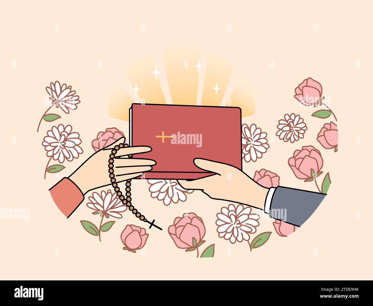 Hands of people with christian bible near flowers, during exchange of religious literature with prayers or gospel. Holy bible with crucifix on cover for those who honor orthodox or catholic faith Stock Vector
