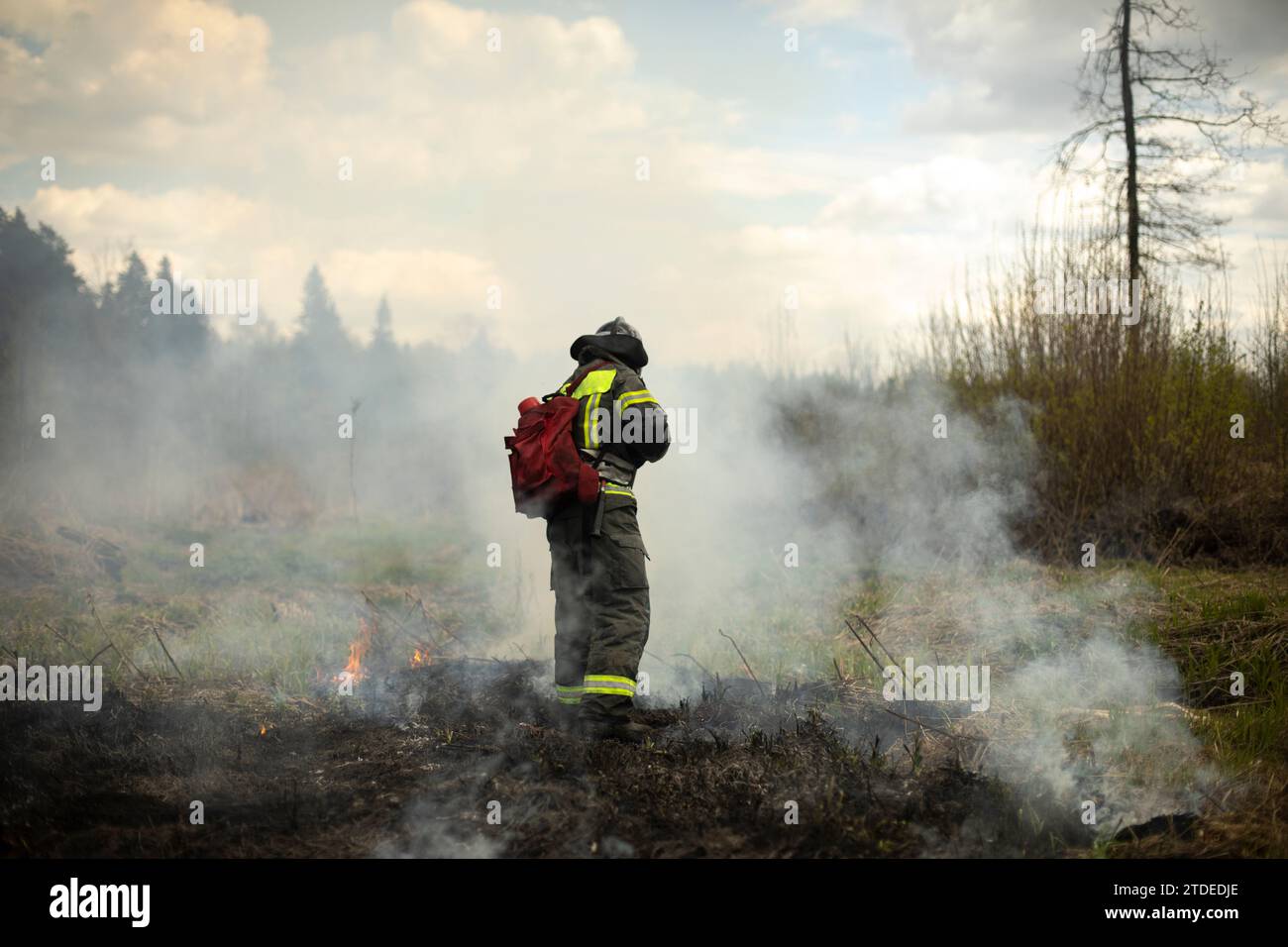 Firefighter puts out fire in woods. Lifeguard pours water. Stock Photo