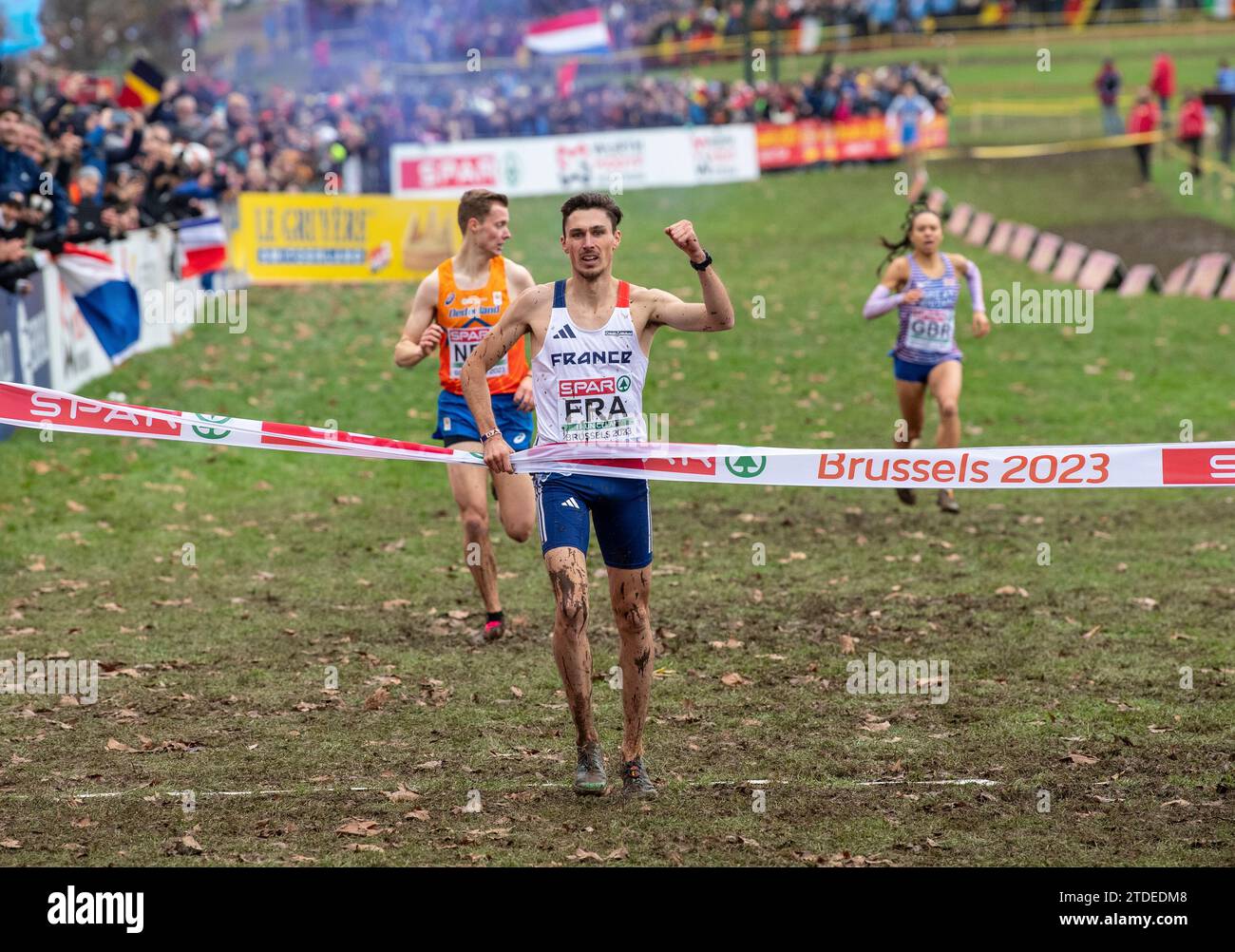 Alexis Miellet of France crosses the finishing line to help his team