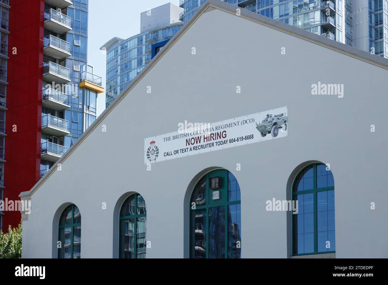 Vancouver, Canada - July 1,2023: The British Columbia Regiment(DCO) building with a sign NOW HIRING Stock Photo