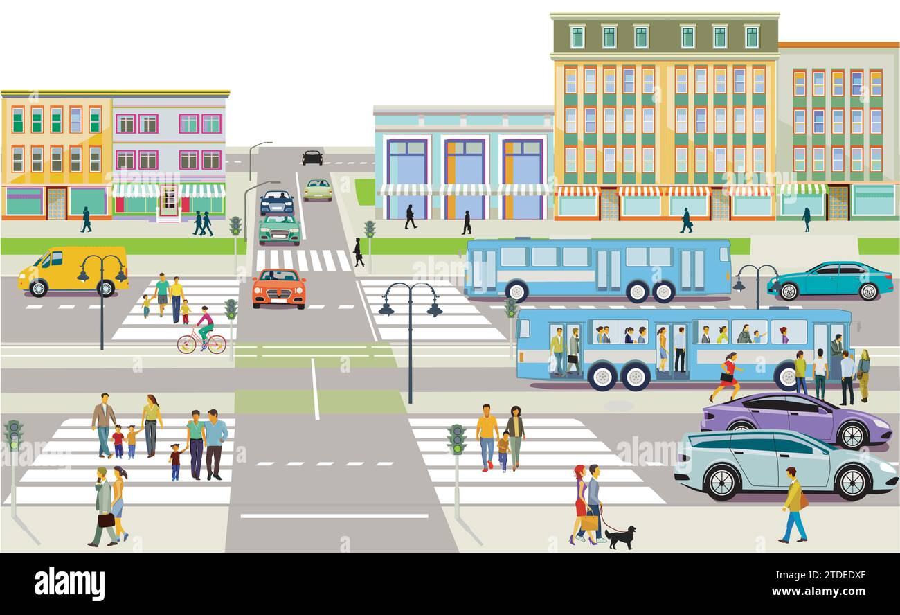 City with road traffic, bus stop, and pedestrians on the zebra crossing, illustration Stock Vector