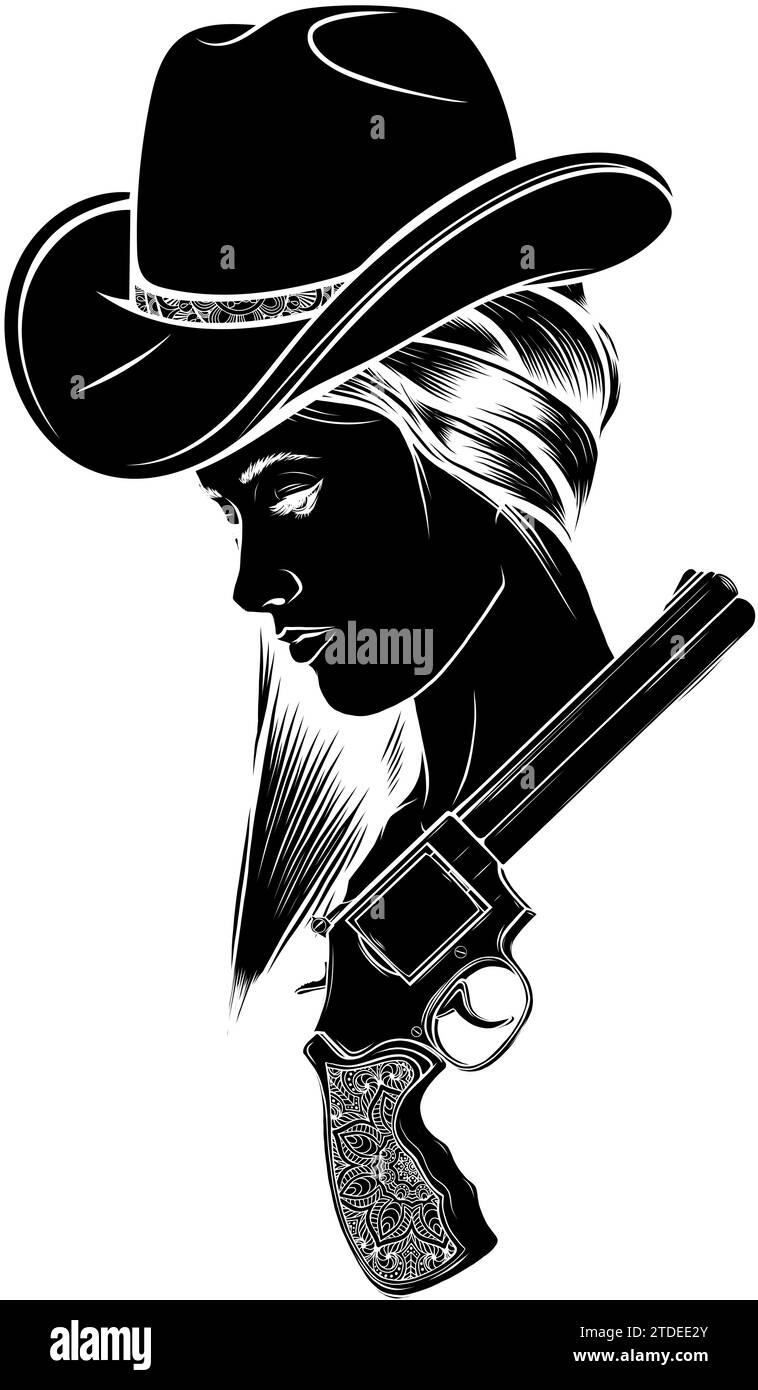 black silhouette of cowgirl and cowboy wearing hat and horse head black