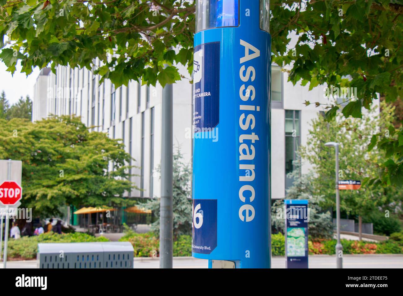 Vancouver, Canada - September 3,2021: The Emergency Blue Phones camera system on the UBC Vancouver Point Grey campus, consisting of blue pedestals wit Stock Photo