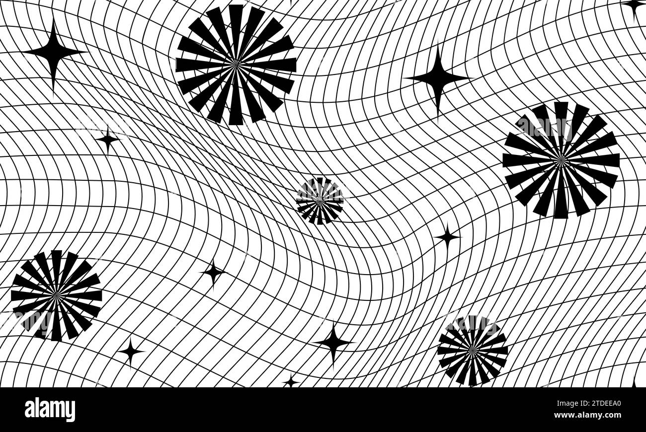 Retro Futuristic abstract Wavy Grid and Geometric Shapes Seamless Pattern. Wireframe Avant-Garde Print in Black and White Colors. Polygonal 3d Surface, Vector Illustration. Stock Vector