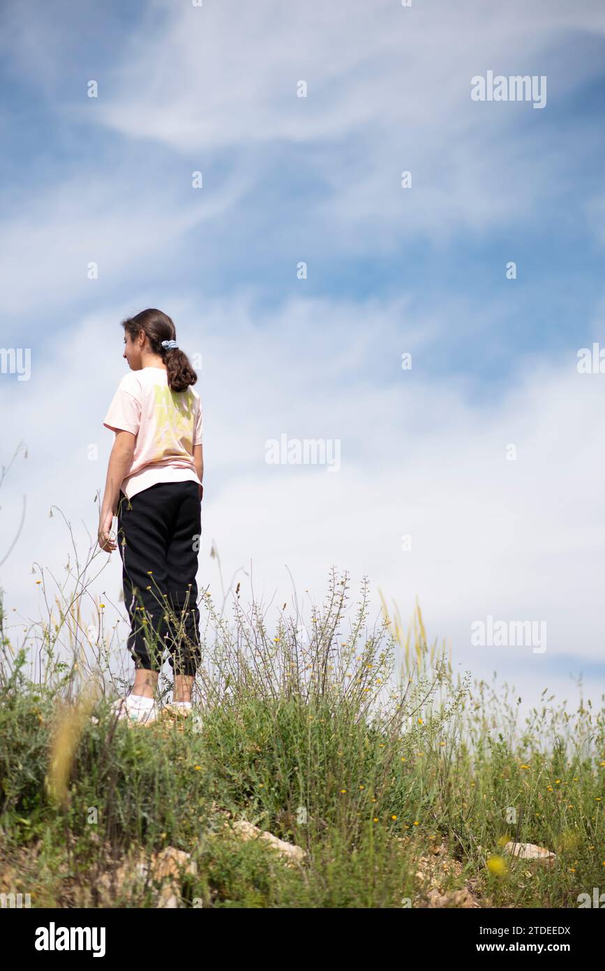 Rear view of girl standing on top of the hill Stock Photo