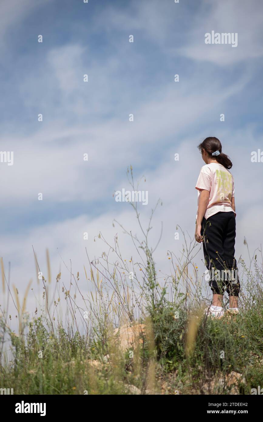 Rear view of girl standing on top of the hill Stock Photo