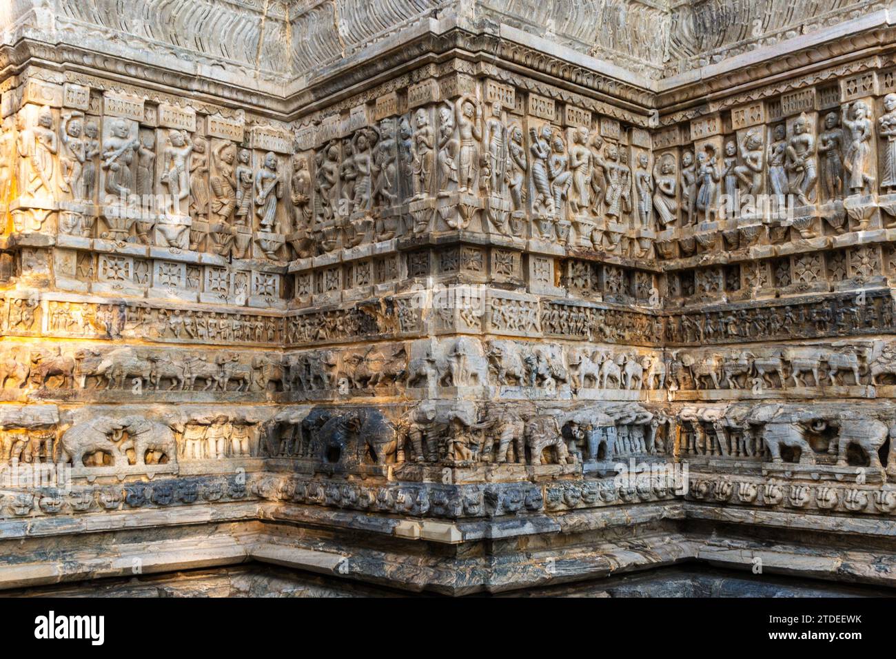 unique ancient Sculptures on hindu holy temple wall at day image is taken at Jagdish Temple udaipur rajasthan india. Stock Photo