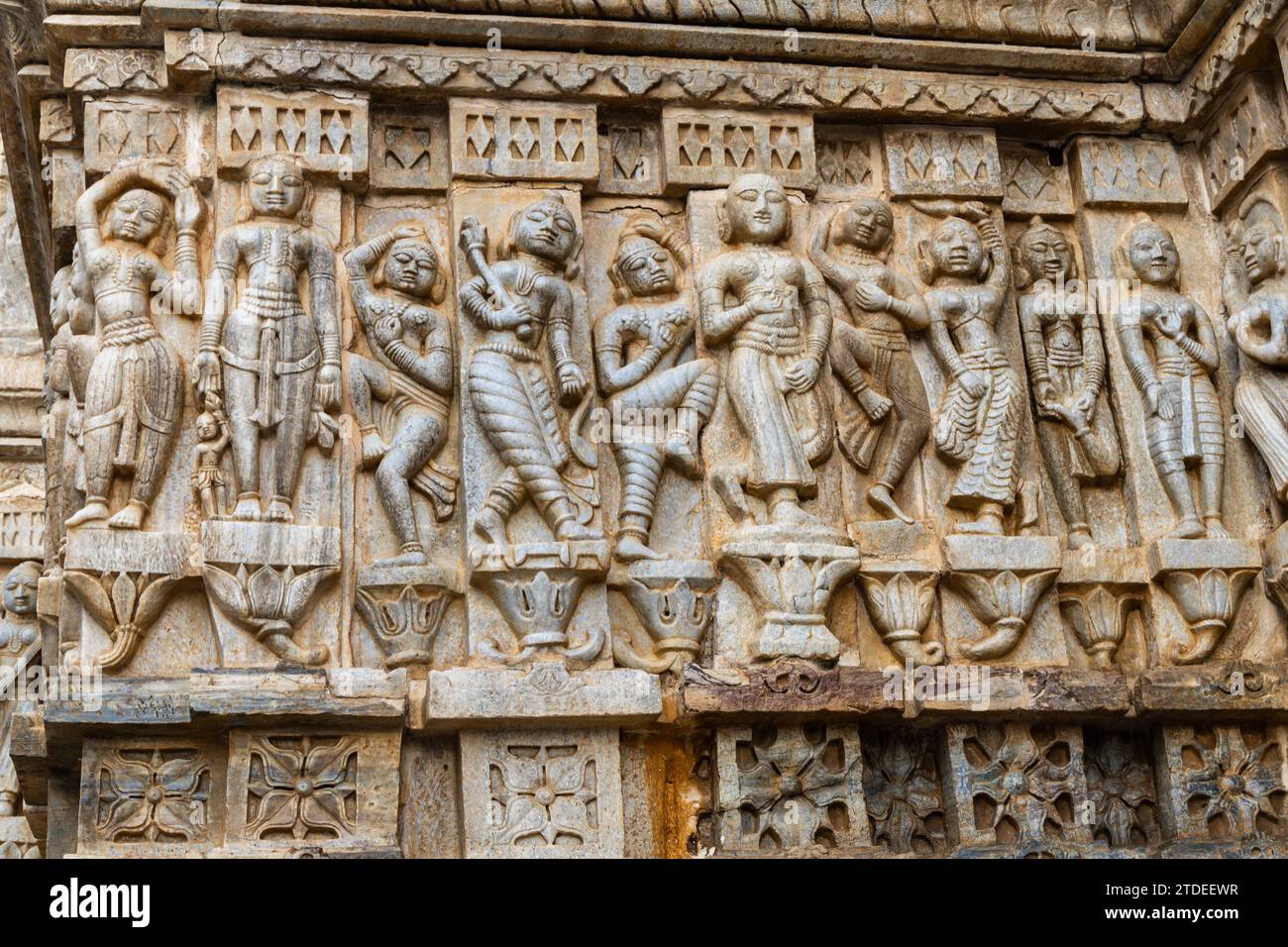 Sculptures of musicians and dancers on hindu holy temple wall at day image is taken at Jagdish Temple udaipur rajasthan india. Stock Photo