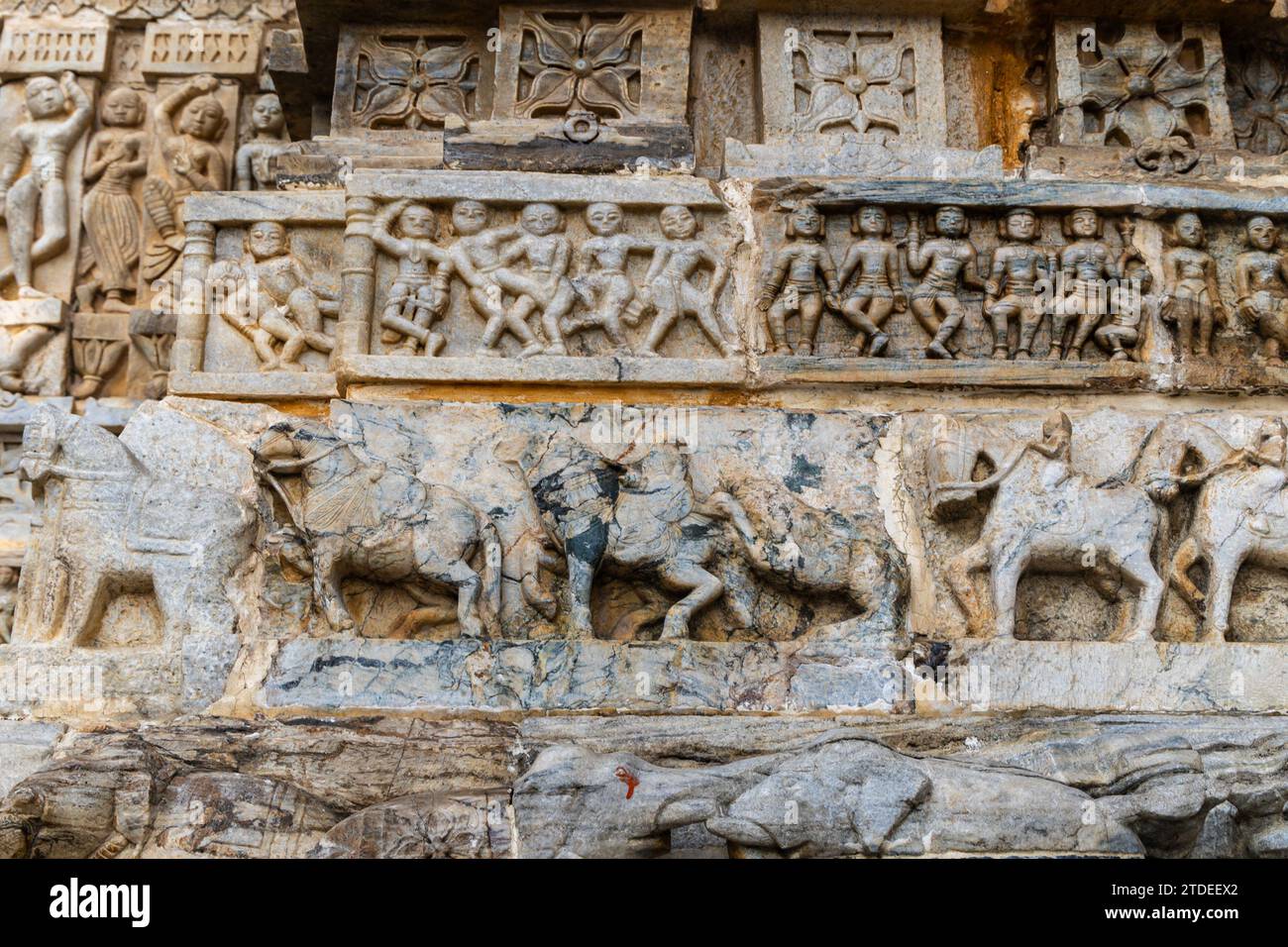 unique ancient Sculptures Elephant carvings on hindu holy temple wall at day image is taken at Jagdish Temple udaipur rajasthan india. Stock Photo