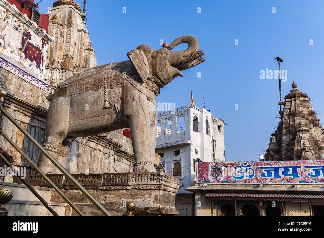 unique ancient Sculptures Elephant carvings at hindu holy temple at morning image is taken at Jagdish Temple udaipur rajasthan india. Stock Photo