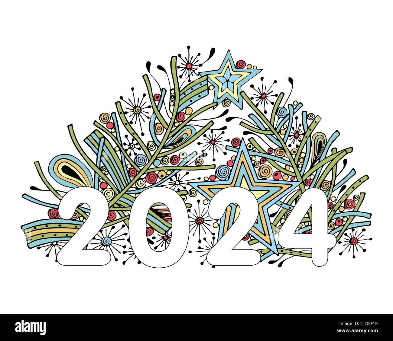 Noel Star New Year Christmas ornament with numbers 2024, hand drawn, holiday decoration 