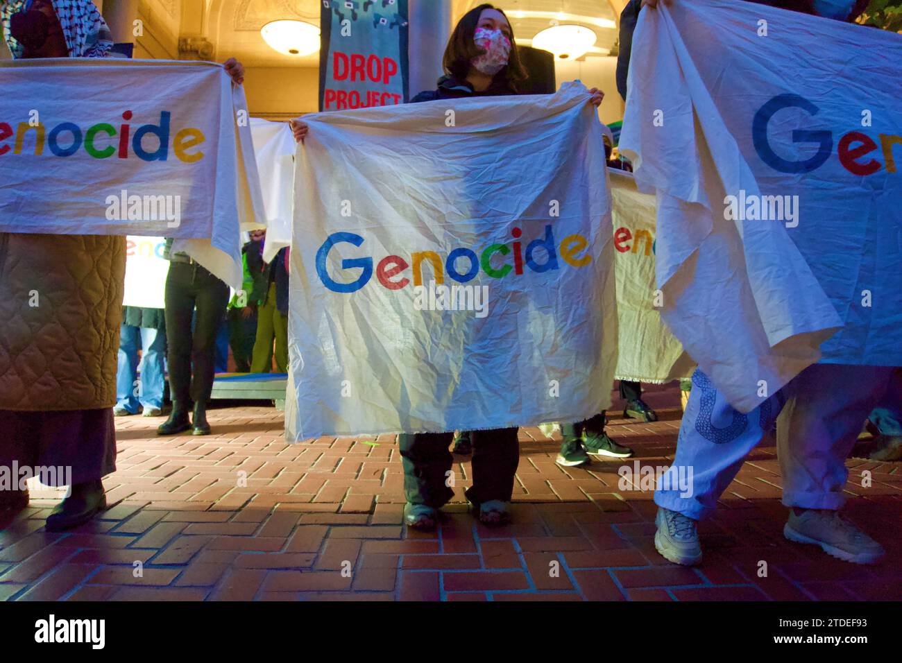 Shut Down Google: No Tech For Genocide, protesting Project Nimbus contract with Israel and artificial intelligence for warfare. San Francisco, CA, USA Stock Photo