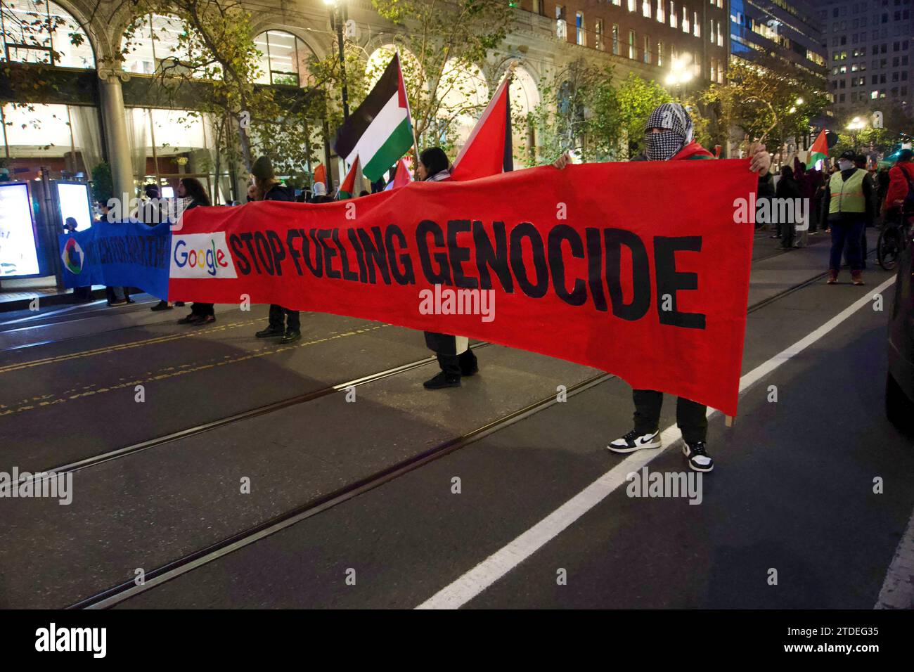 Shut Down Google: No Tech For Genocide, protesting Project Nimbus contract with Israel and artificial intelligence for warfare. San Francisco, CA, USA Stock Photo