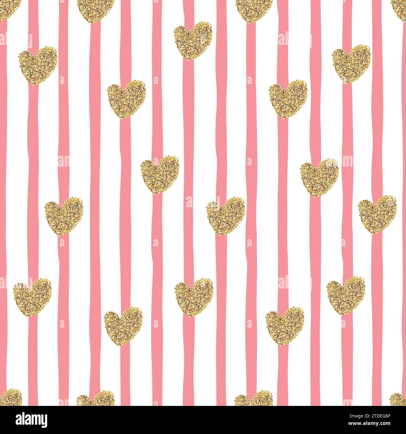 Gold glittering heart confetti seamless pattern on pink striped ...