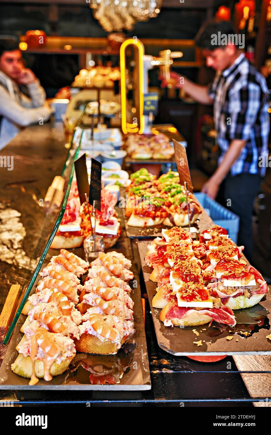 Bilbao Biscay Spain. Basque pintxo (a typical snack of the Basque Country and Navarre, 'pinchos', like tapas) Stock Photo