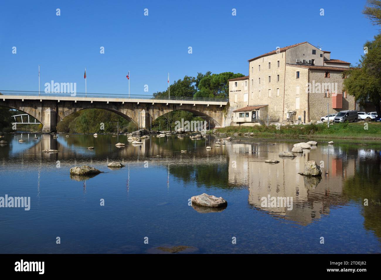 Former Restored Watermill, Moulin de Saint André, now Gîte & Cinema, and Bridge over River Verdon at Vinon-sur-Verdon Var Provence France Stock Photo