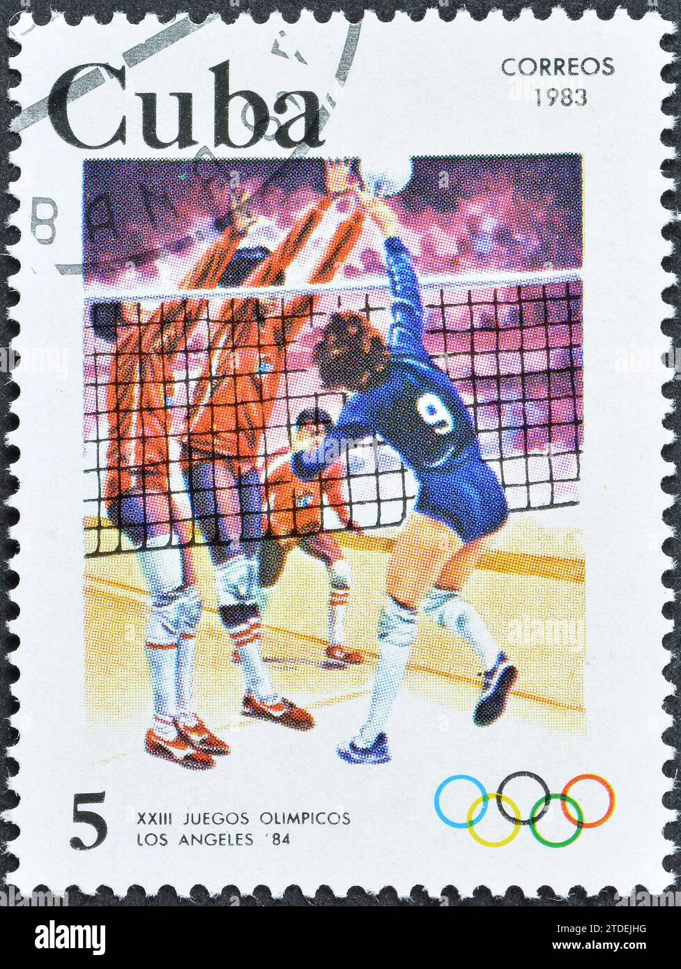 Cancelled postage stamp printed by Cuba, that shows Volleyball, Summer Olympic Games 1984 - Los Angeles, circa 1983. Stock Photo