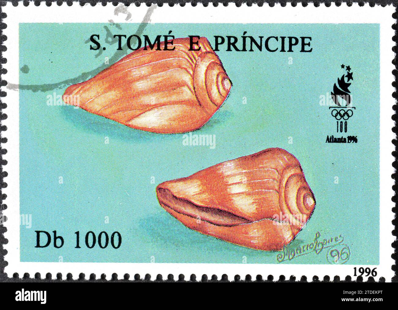 Cancelled postage stamp printed by Sao Tome and Principe, that shows Butterfly Cone (Conus pulcher), circa 1996. Stock Photo