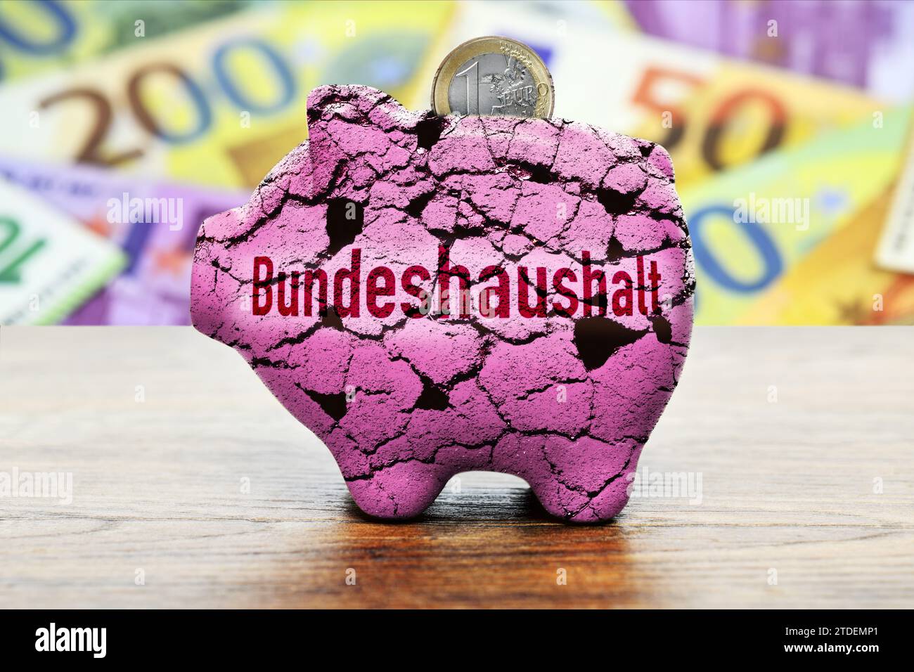 Piggy Bank With Cracks And Inscription Federal Budget, Photomontage Stock Photo