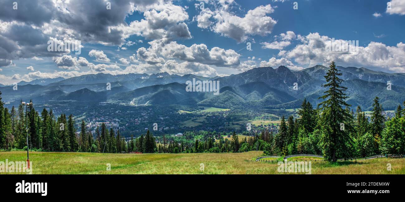 View from Gubalowka hill to Tatra mountains and Zakopane in valley Stock Photo