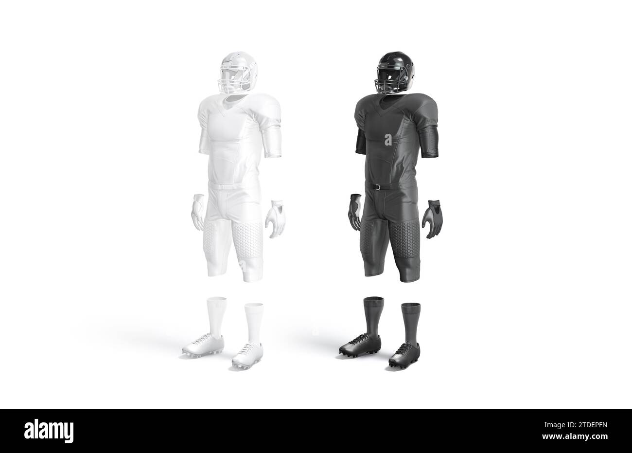 Blank black and white american football uniform mockup, side view, 3d rendering. Empty t-shirt, helmet, sneakers for rugby team mock up, isolated. Cle Stock Photo