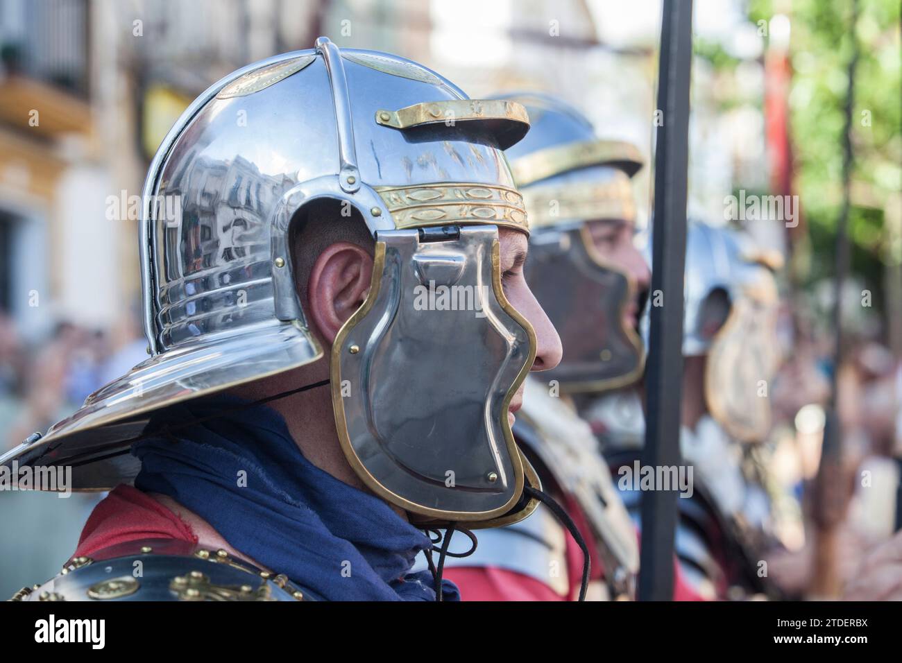 Merida, Spain - June 3th, 2023: Roman legionaries in formation. Emerita Ludica Festival 2023, Merida, Spain Stock Photo
