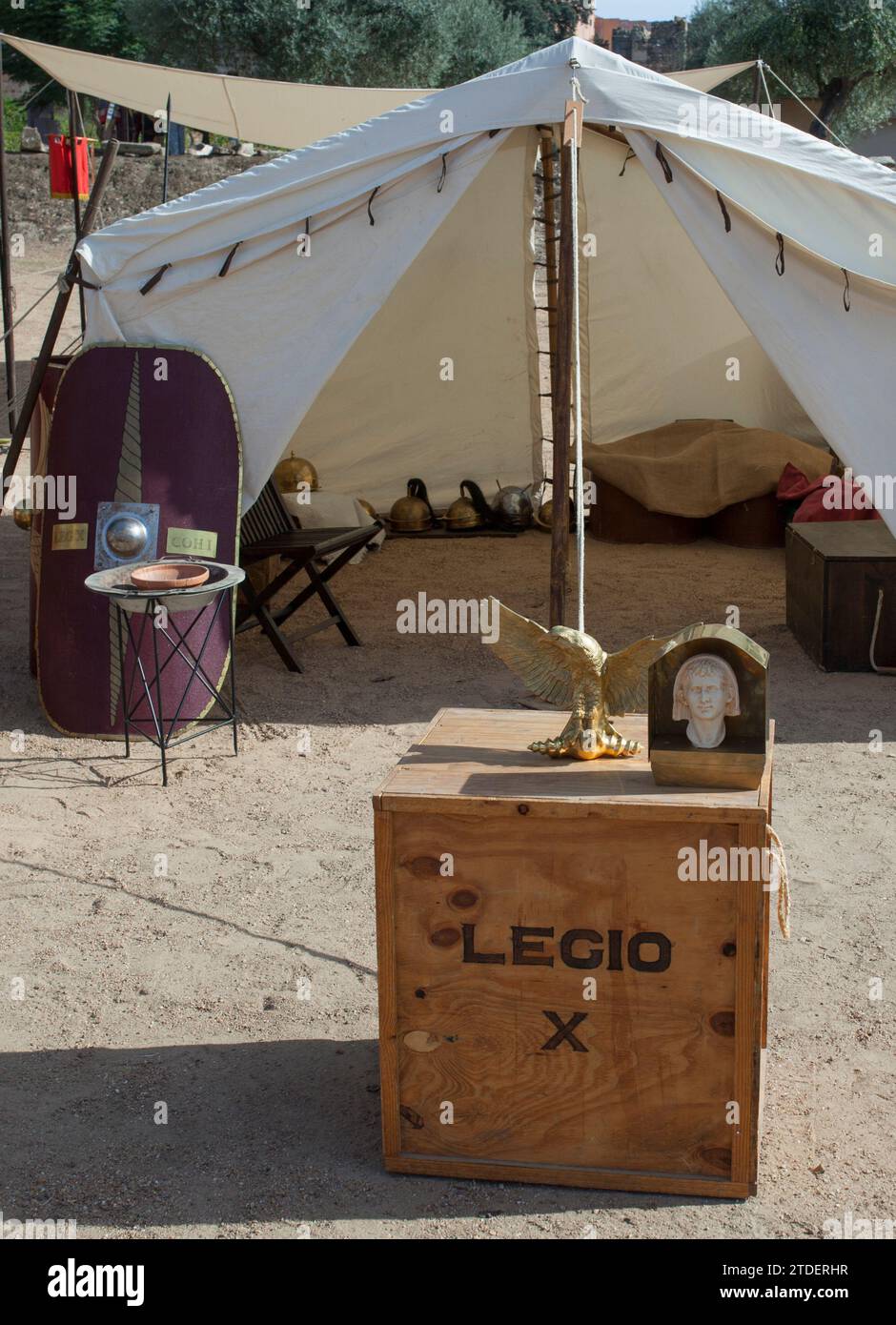 Merida, Spain - Oct 9th, 2021: Roman Legio X Equestris camp tent. Emerita Ludica Festival 2021, Merida, Spain Stock Photo