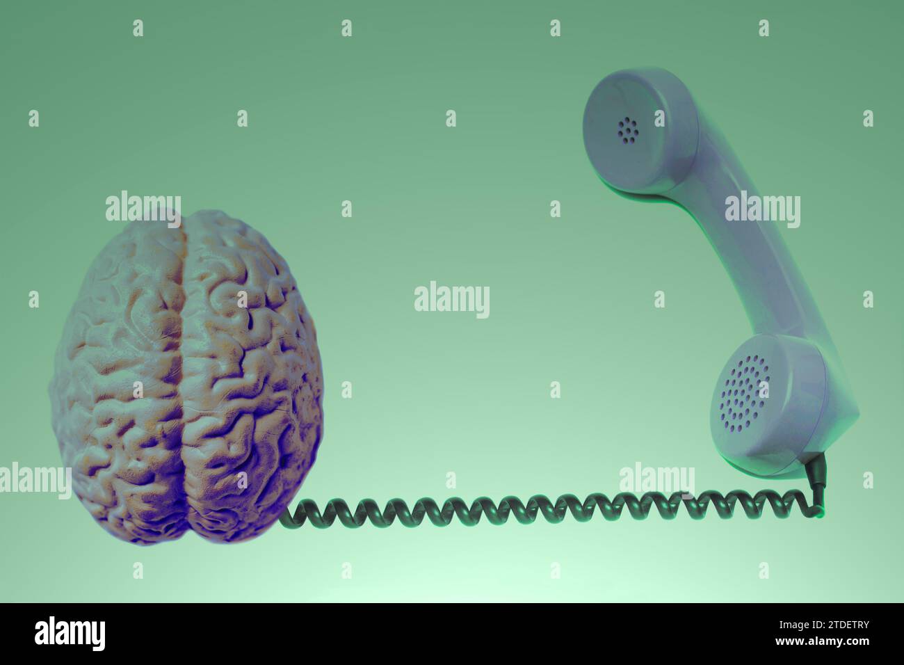 Telephone receiver with human brain anatomical model isolated on white