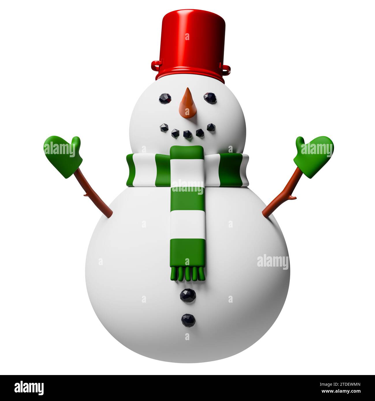 Snowman wearing red pot as a hat, scarf and gloves isolated on white ...