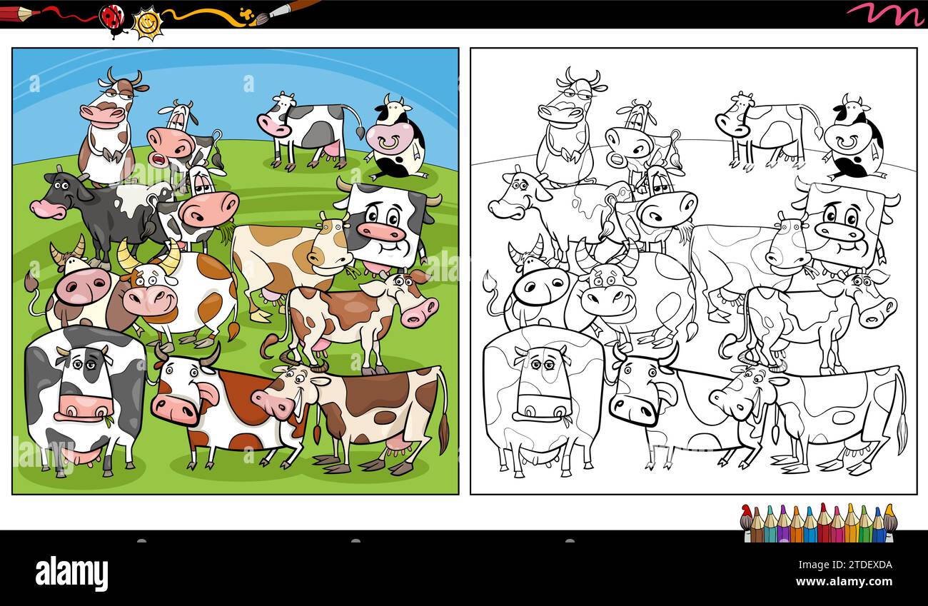 cartoon illustration of funny cows farm animal characters group