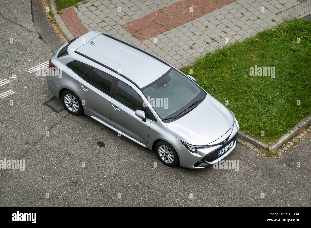 HAVIROV, CZECH REPUBLIC - AUGUST 18, 2023: Toyota Corolla Touring Sports with hybrid HSD engine in top view Stock Photo