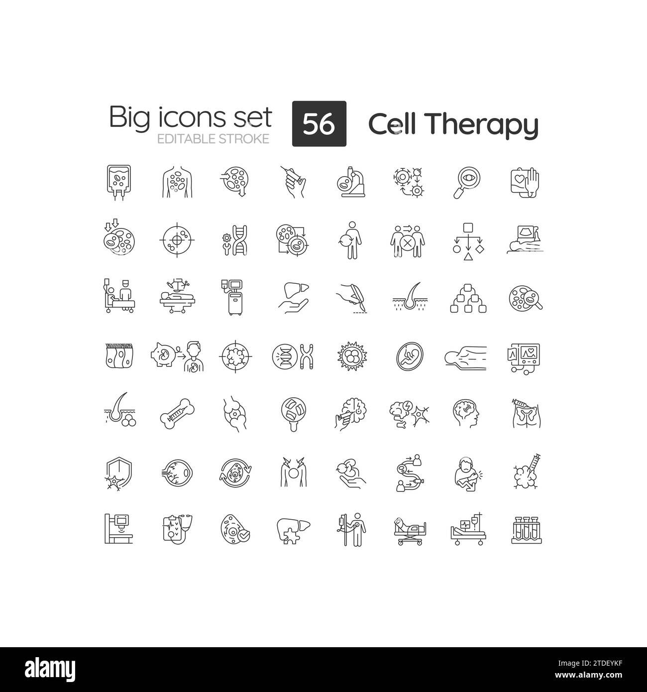 2D editable black big line icons set for cell therapy Stock Vector