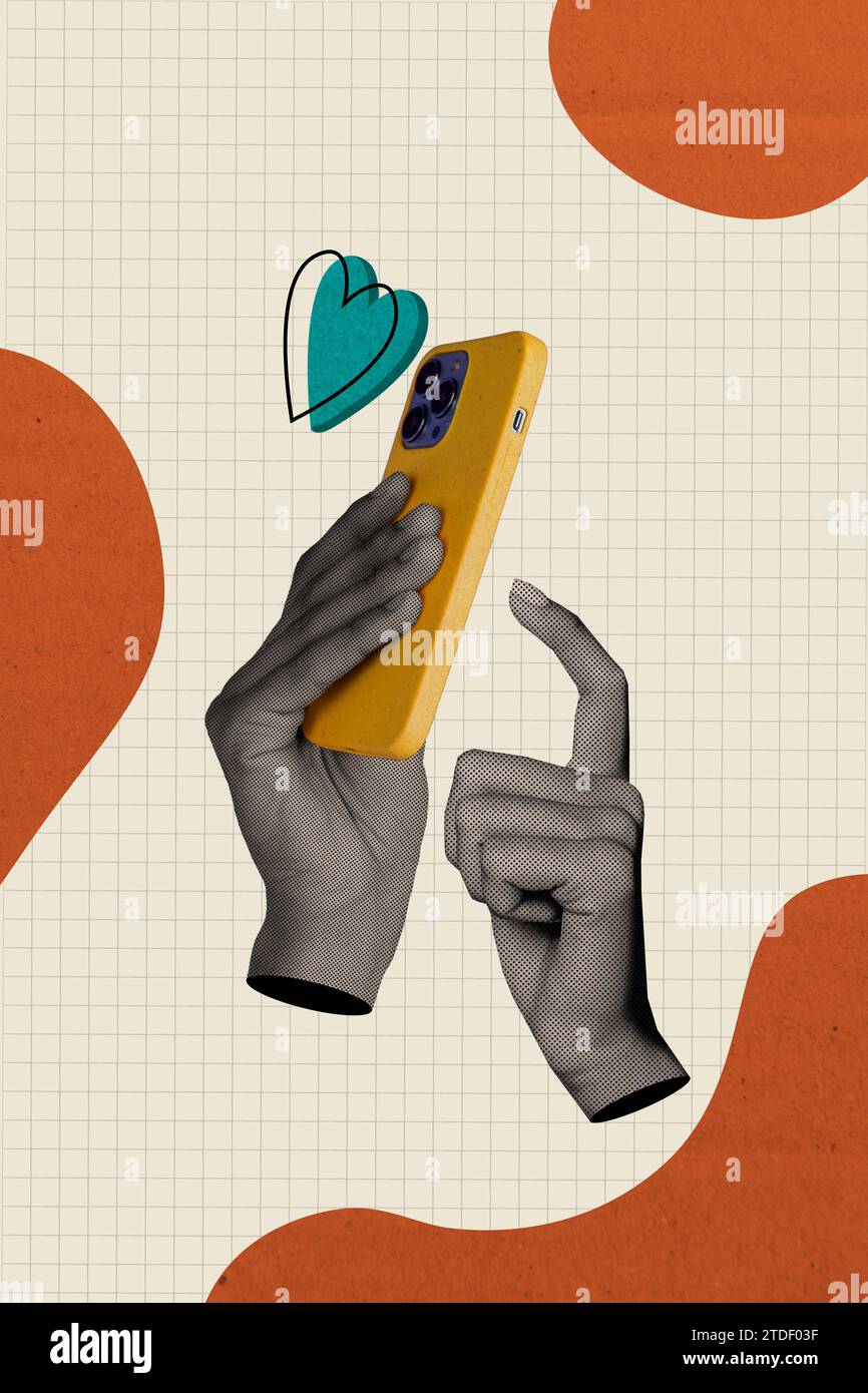 Vertical collage illustration two human hand write message sms internet ...
