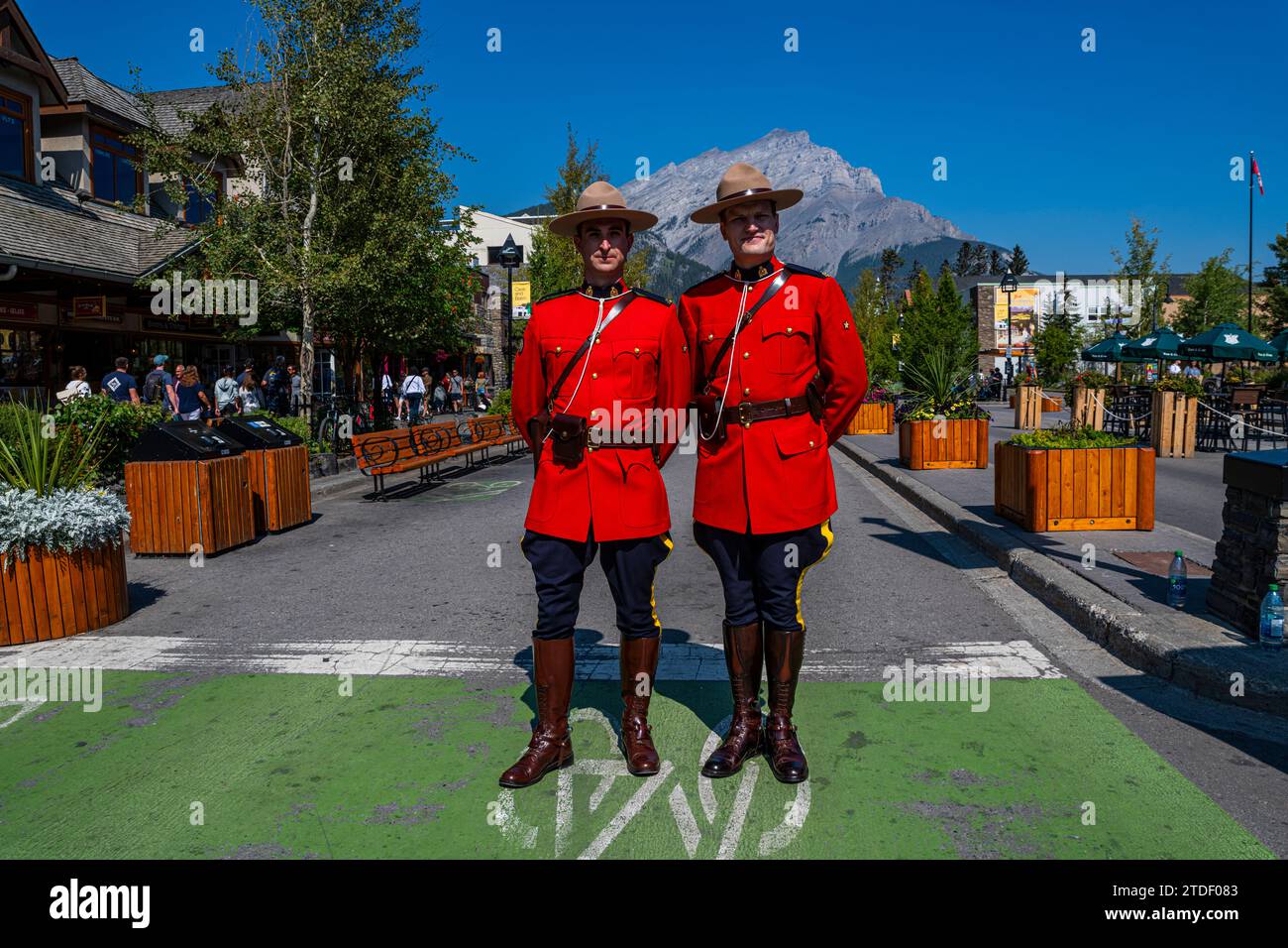 Two Mounties posing, Banff, Alberta, Rocky Mountains, Canada, North America Stock Photo