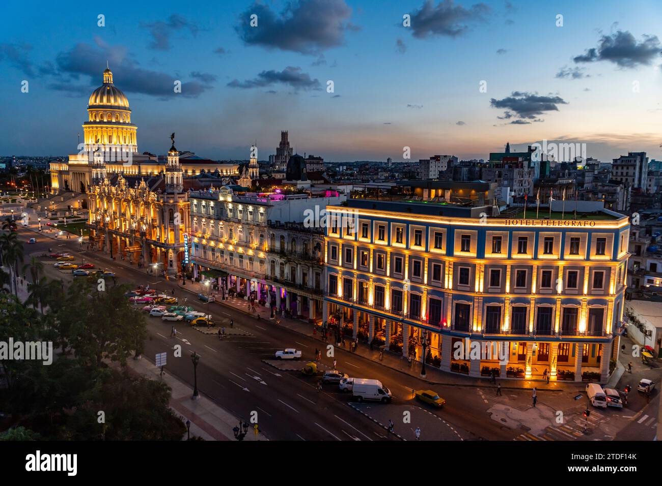 View at night over Havana and its Capitol, Havana, Cuba, West Indies, Central America Stock Photo