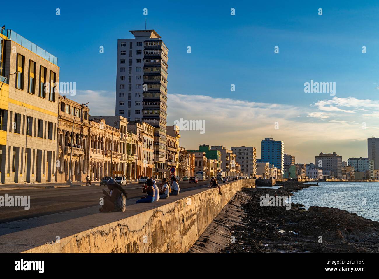 Sunset at the Malecon promenade, Havana, Cuba, West Indies, Central America Stock Photo