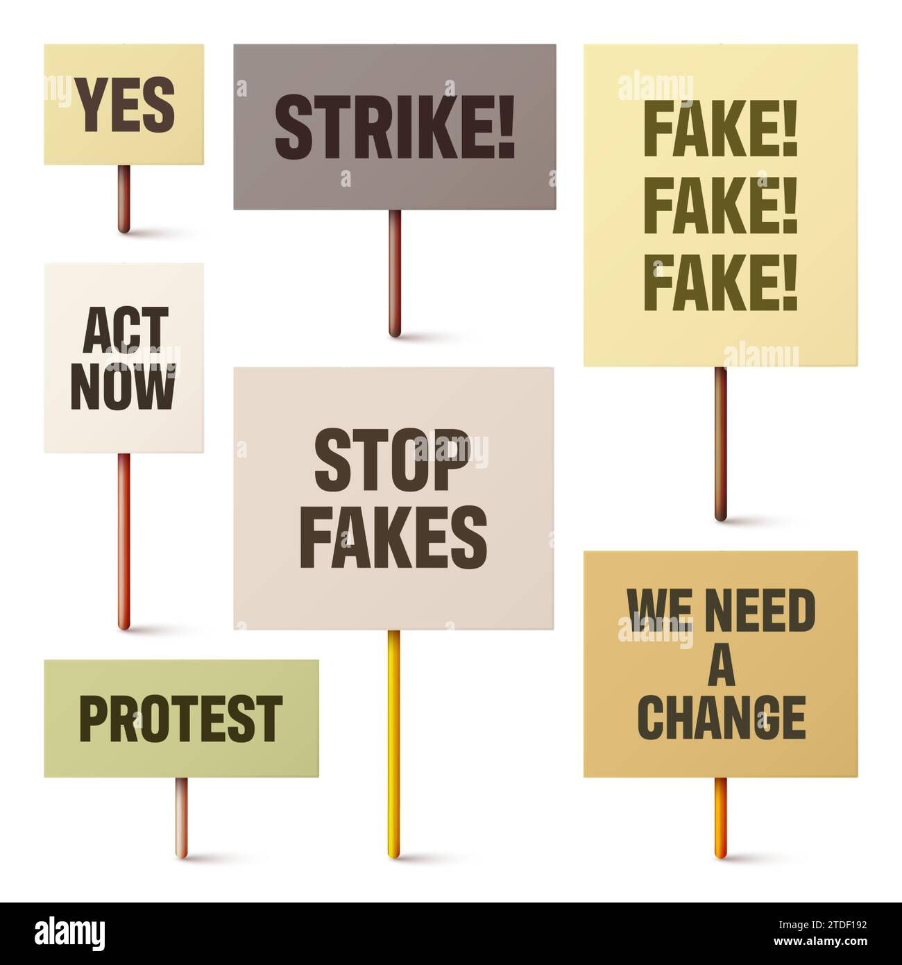 Colorful protest signs with slogan on wooden holder. Realistic vector