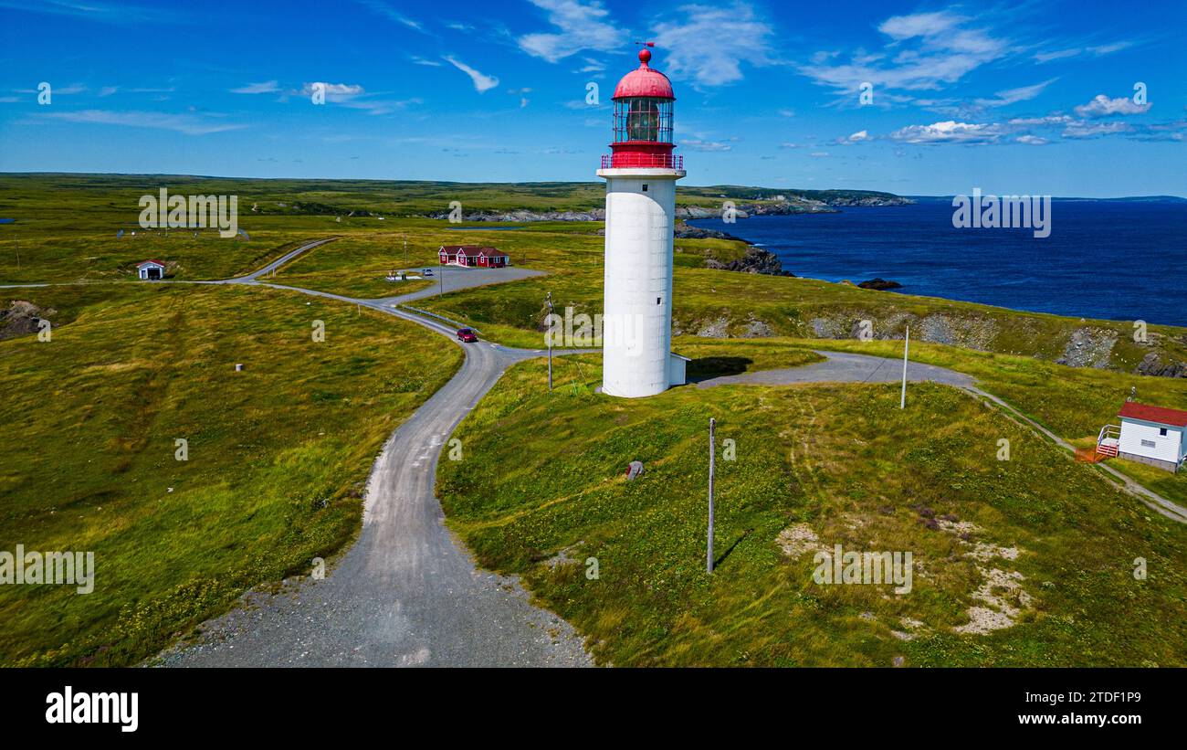 Aerial of Cape Race Lighthouse, Mistaken Point, UNESCO World Heritage Site, Avalon Peninsula, Newfoundland, Canada, North America Stock Photo