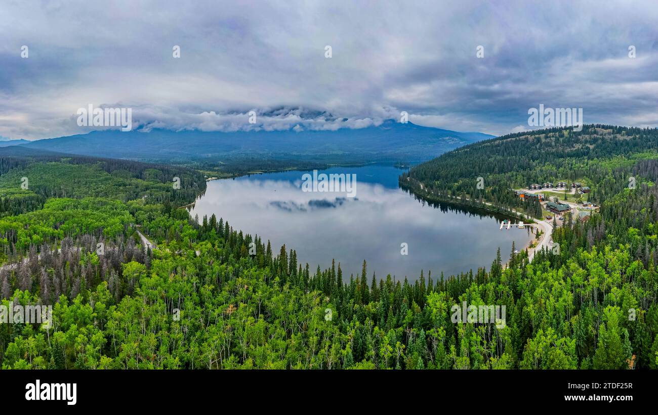 Aerial of Pyramid Lake, Jasper National Park, UNESCO World Heritage Site, Alberta, Canadian Rockies, Canada, North America Stock Photo