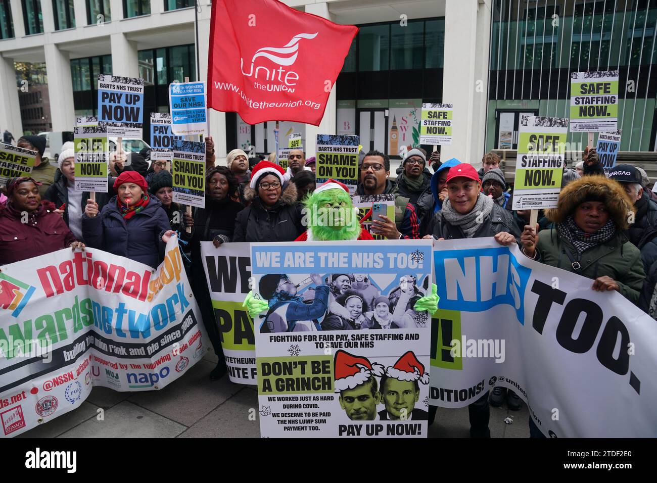 Representatives from unite the union with a member dressed as the