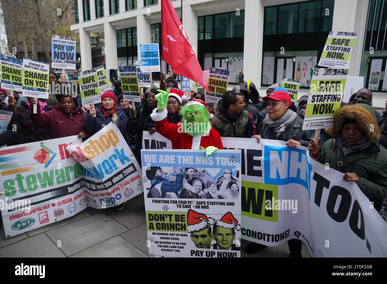 Representatives from unite the union with a member dressed as the