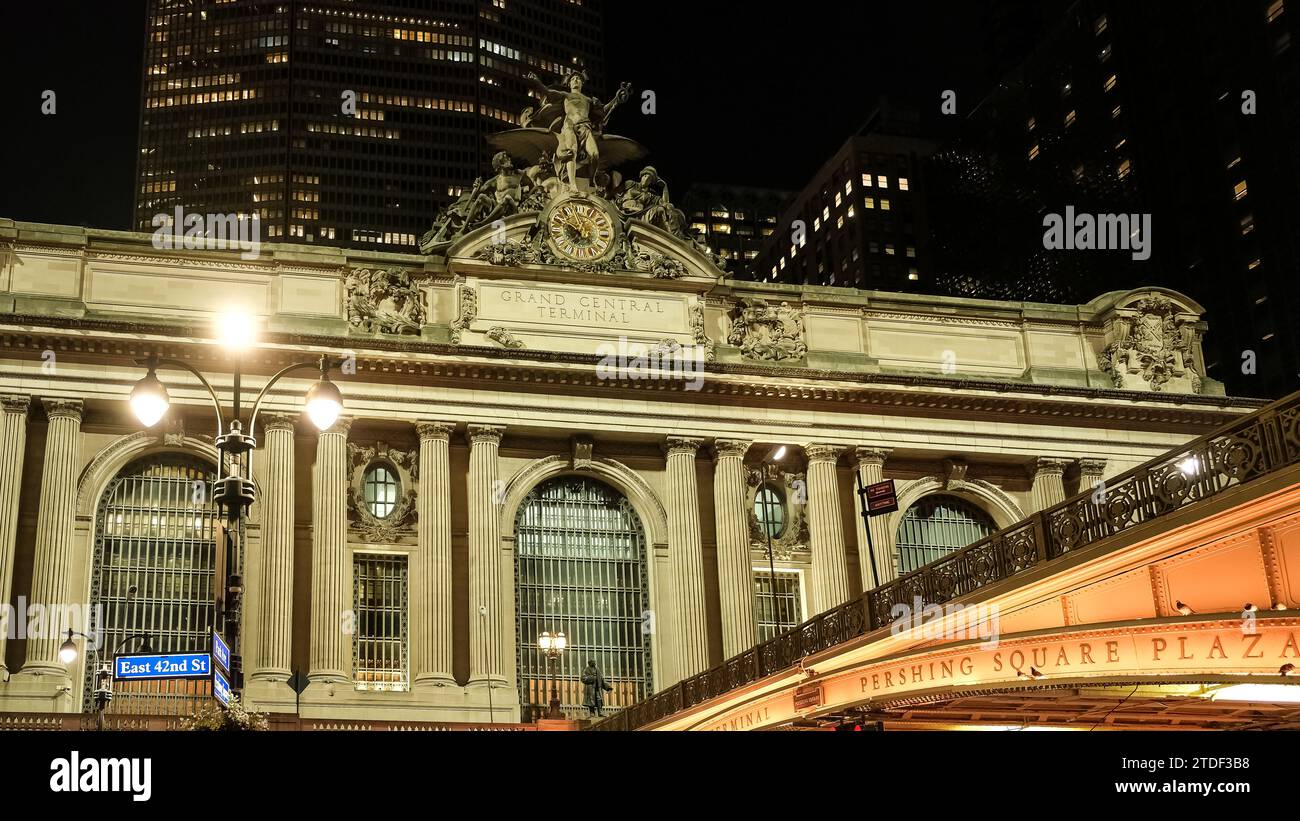 View of Grand Central Terminal at night, a commuter rail terminal located in Midtown Manhattan, New York City, United States of America, North America Stock Photo