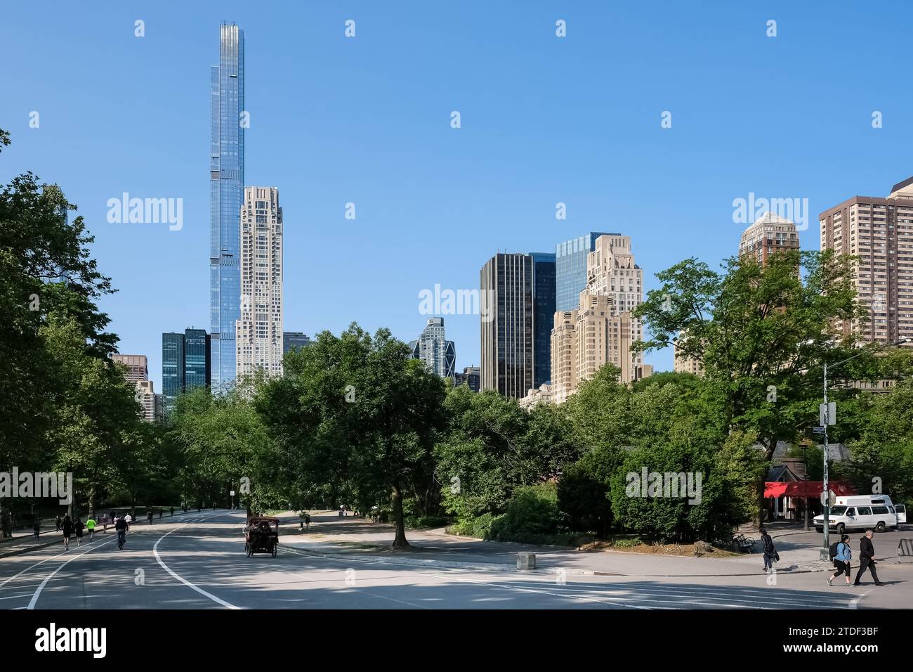 New York City cityscape viewed from the West Drive, the westernmost of Central Park's scenic drives Stock Photo